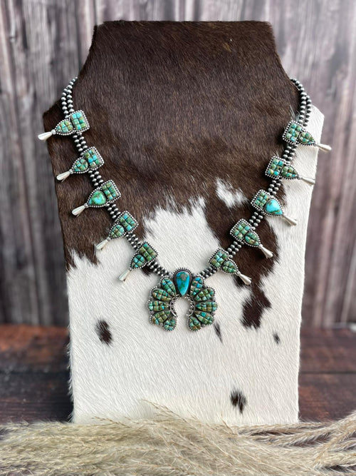 Handmade Sterling Silver Sonoran Cobble Collection: Sonoran Mountain Turquoise Squash Blossom Beaded Necklace "Signed Nizhoni"