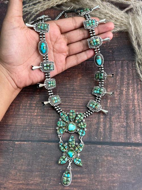 Handmade Sterling Silver Sonoran Cobble Collection: Sonoran Mountain Turquoise Squash Blossom Beaded Necklace "Signed Nizhoni"