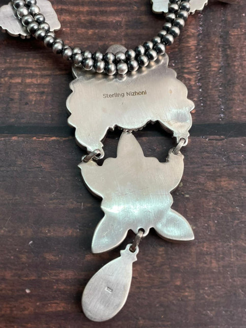 Handmade Sterling Silver Sonoran Cobble Collection: Sonoran Mountain Turquoise Squash Blossom Beaded Necklace "Signed Nizhoni"