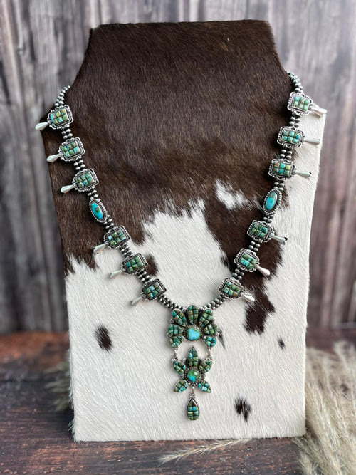 Handmade Sterling Silver Sonoran Cobble Collection: Sonoran Mountain Turquoise Squash Blossom Beaded Necklace "Signed Nizhoni"