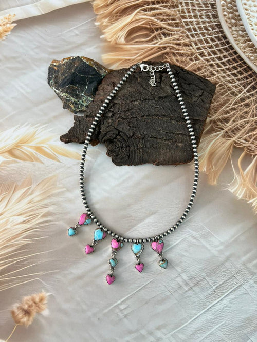 Handmade Sterling Silver Cotton Candy Beaded Heart Necklace "Signed Nizhoni"