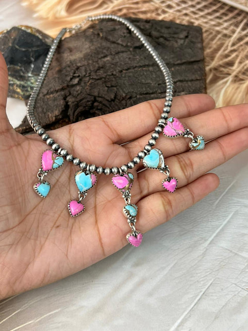 Handmade Sterling Silver Cotton Candy Beaded Heart Necklace "Signed Nizhoni"