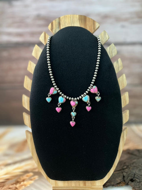 Handmade Sterling Silver Cotton Candy Beaded Heart Necklace "Signed Nizhoni"