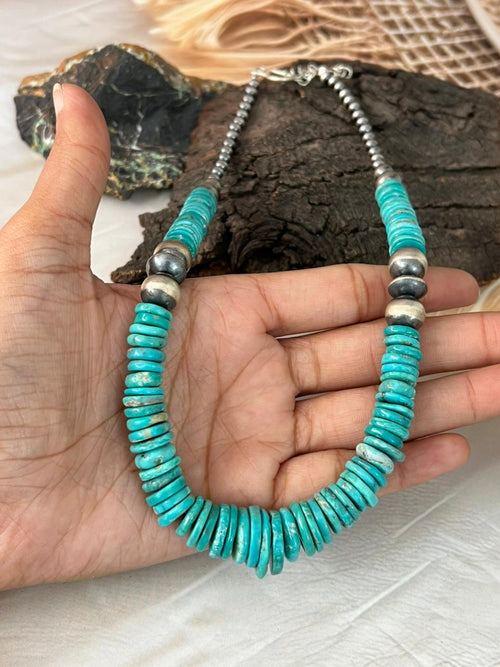 Handmade Sterling Silver Kingman Turquoise Beaded Necklace "Signed Nizhoni"