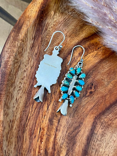 Handmade Sterling Silver Kingman Turquoise Hook Dangle Squash Blossom Earrings "Signed Nizhoni"