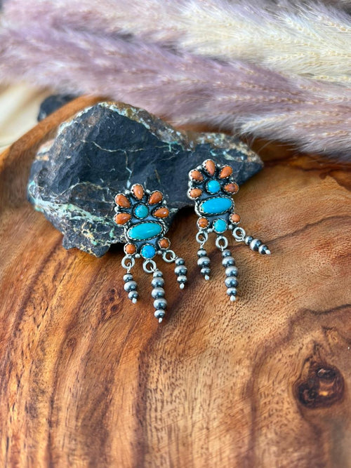 Handmade Sterling Silver Kingman Turquoise with Orange Mojave Post Dangle Beaded Earrings "Signed Nizhoni"
