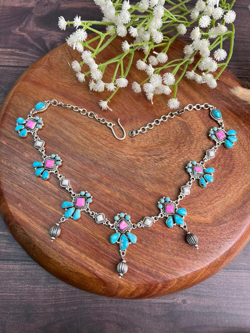 Handmade Sterling Silver Sierra Bella Turquoise with Cotton Candy Collection: Beaded Necklace "Signed Nizhoni"
