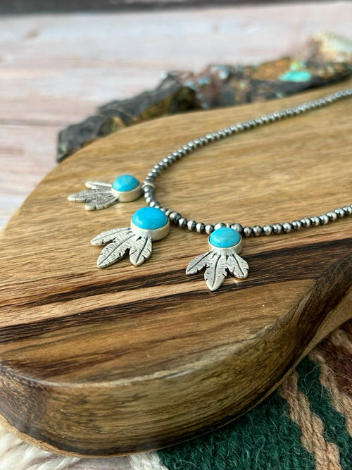 Handmade Sterling Silver Blue Kingman Turquoise Beaded Necklace "Signed Nizhoni"