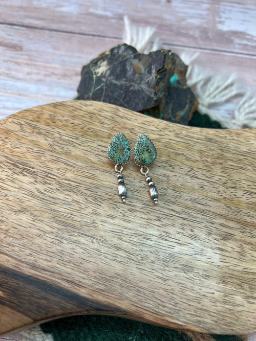 Handmade Sterling Silver Baja Turquoise Collection: Beaded Post Dangle Earrings "Signed Nizhoni"