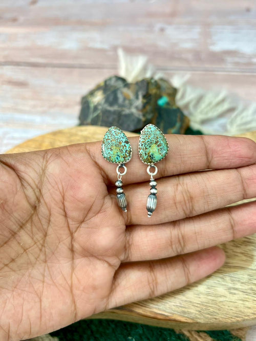 Handmade Sterling Silver Baja Turquoise Collection: Beaded Post Dangle Earrings "Signed Nizhoni"