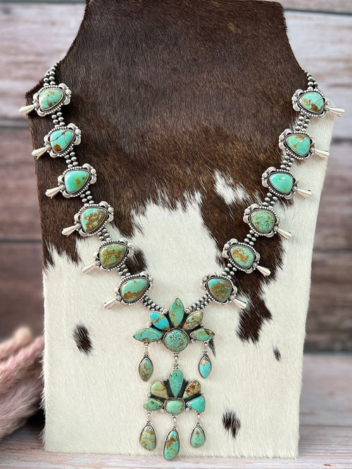 Handmade Sterling Silver Baja Turquoise Collection: Squash Blossom Beaded Necklace "Signed Nizhoni"