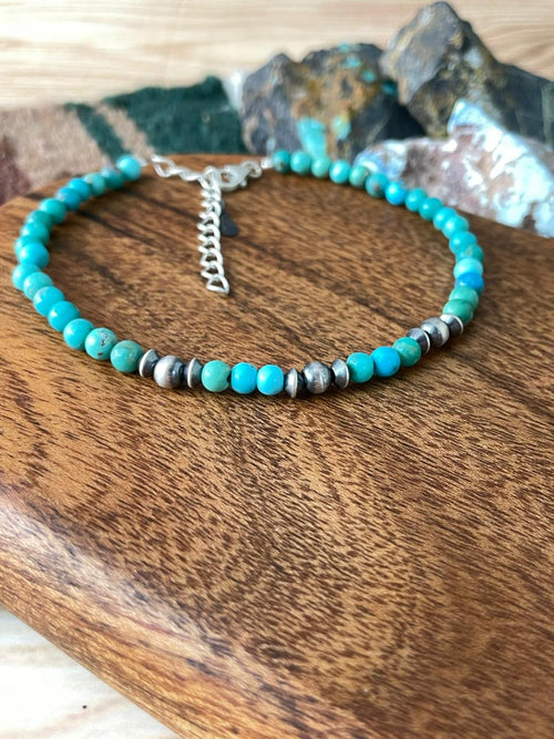 Handmade Sterling Silver Kingman Turquoise Beaded Anklet "Signed Nizhoni"