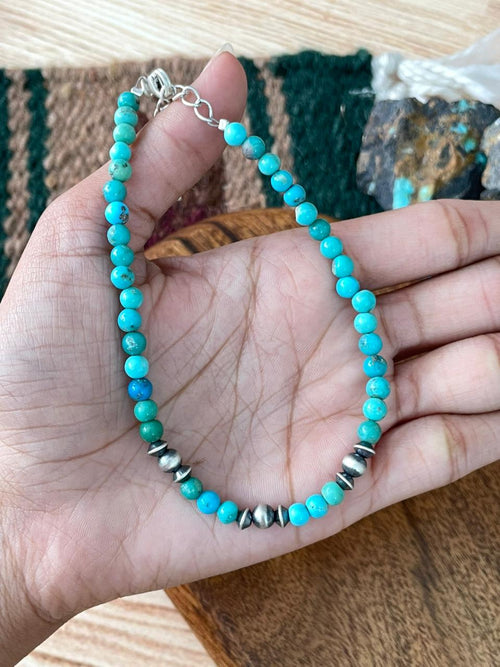Handmade Sterling Silver Kingman Turquoise Beaded Anklet "Signed Nizhoni"