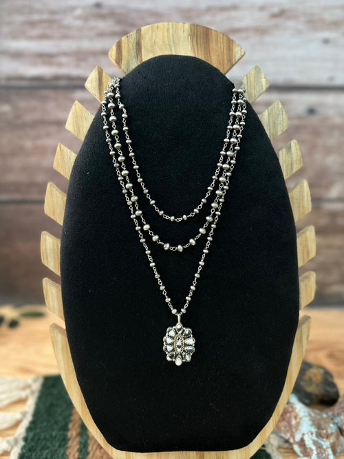 Handmade Sterling Silver White Buffalo Beaded Layerd Necklace "Signed Nizhoni"
