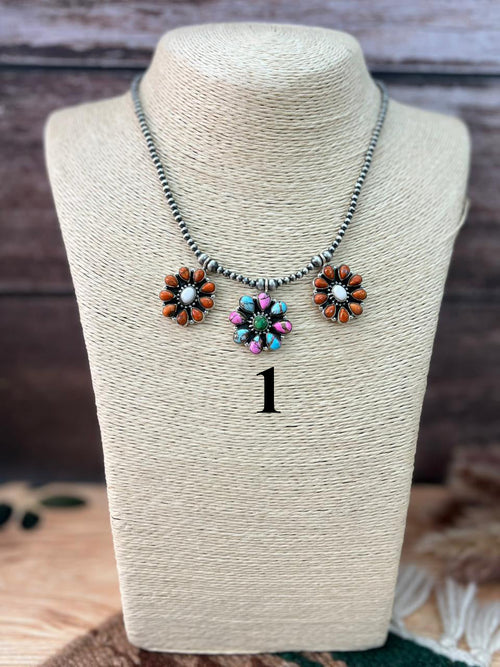 Handmade Sterling Silver Spring Collection: Sonoran Mountain with Orange Mojave, Cotton Candy and White Buffalo Beaded Necklace "Signed Nizhoni"