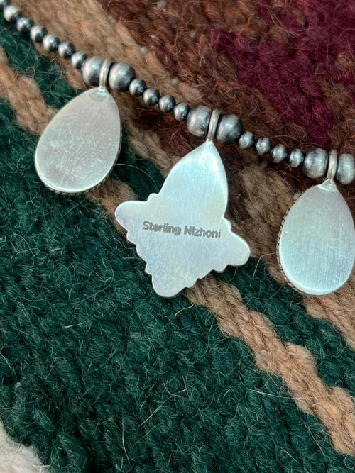 Handmade Sterling Silver Spring Collection: Sonoran Mountain with Orange Mojave, Cotton Candy and White Buffalo Beaded Necklace "Signed Nizhoni"