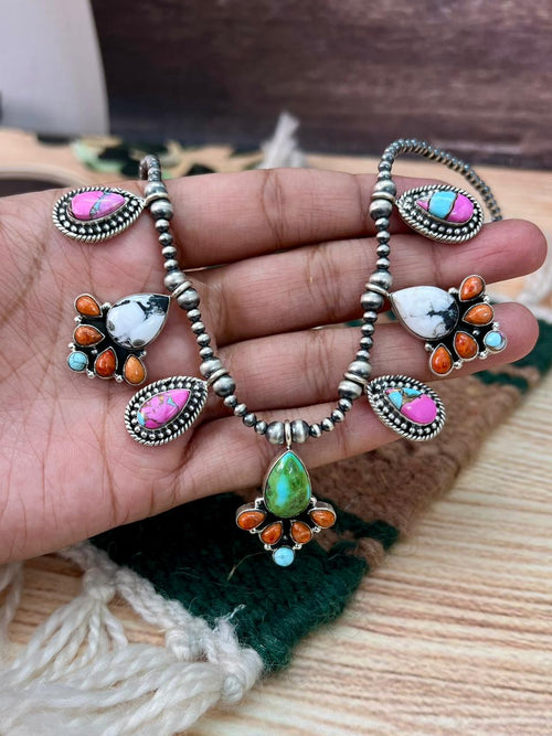 Handmade Sterling Silver Spring Collection: Sonoran Mountain with Orange Mojave, Cotton Candy and White Buffalo Beaded Necklace "Signed Nizhoni"