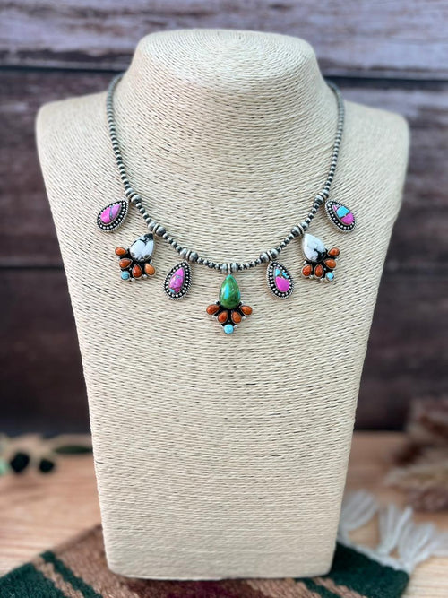 Handmade Sterling Silver Spring Collection: Sonoran Mountain with Orange Mojave, Cotton Candy and White Buffalo Beaded Necklace "Signed Nizhoni"