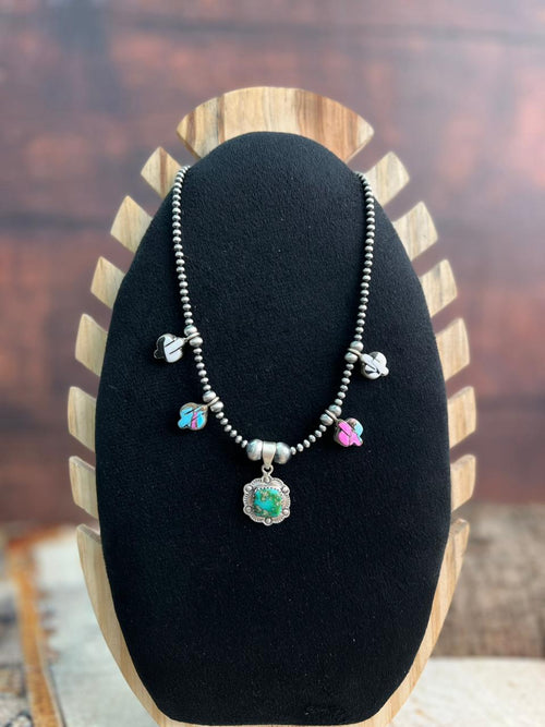 Handmade Sterling Silver Spring Collection: Sonoran Mountain with Cotton Candy and White Buffalo Beaded Necklace "Signed Nizhoni"