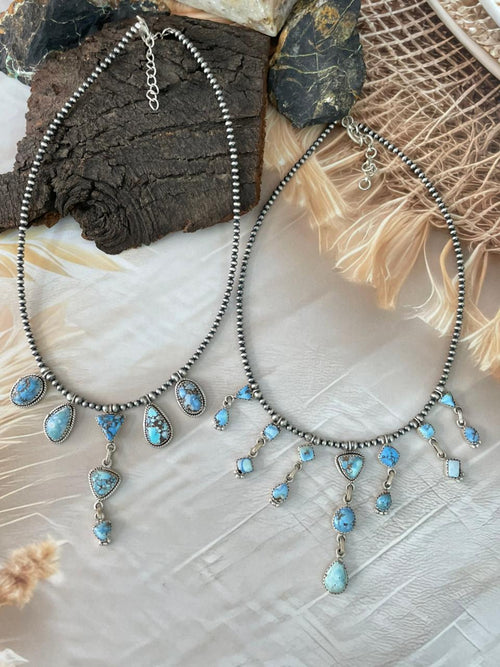 Handmade Sterling Silver Golden Hills Turquoise Beaded Necklace "Signed Nizhoni"