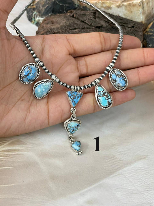 Handmade Sterling Silver Golden Hills Turquoise Beaded Necklace "Signed Nizhoni"