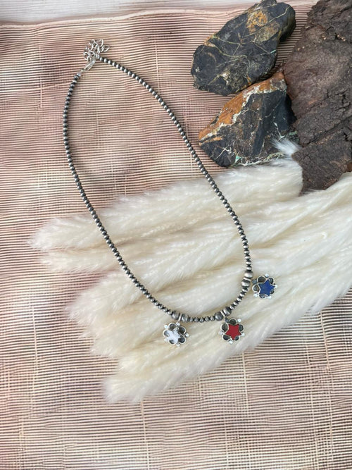 Handmade Sterling Silver 4th Of July Collection: Rosarita with Lapis and White Buffalo Star Beaded Necklace "Signed Nizhoni"
