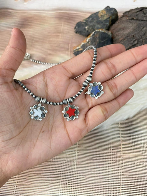 Handmade Sterling Silver 4th Of July Collection: Rosarita with Lapis and White Buffalo Star Beaded Necklace "Signed Nizhoni"