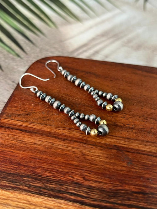 Handmade Sterling Silver Hook Dangle Gold Shiny Beaded Earrings