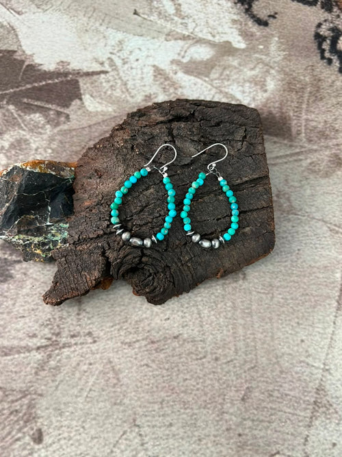 Handmade Sterling Silver Kingman Turquoise Hook Dangle Beaded Earrings