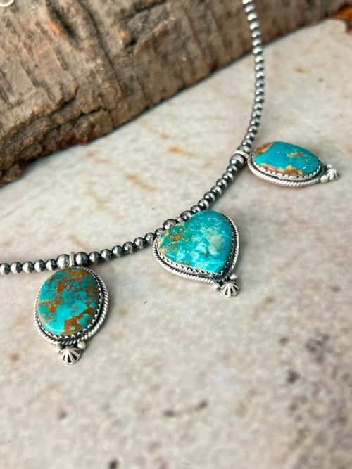 Handmade Sterling Silver Manassa Turquoise Beaded Necklace Signed Nizhoni