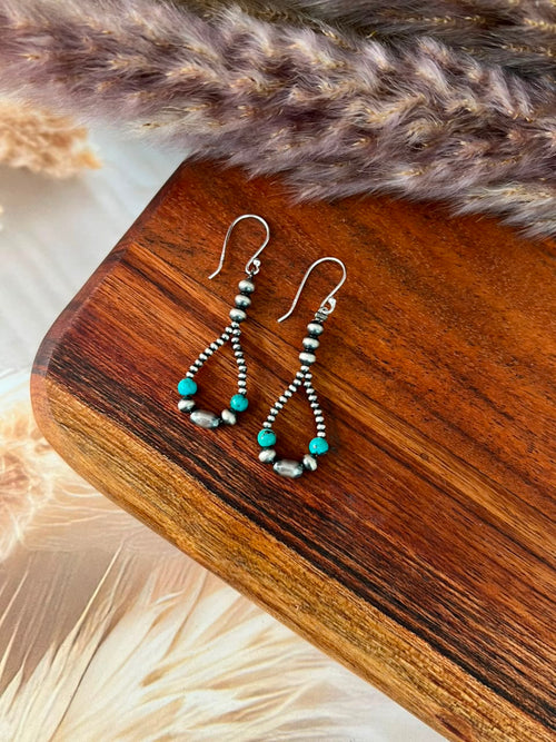 Handmade Sterling Silver Kingman Turquoise Beaded Hook Dangle Earrings