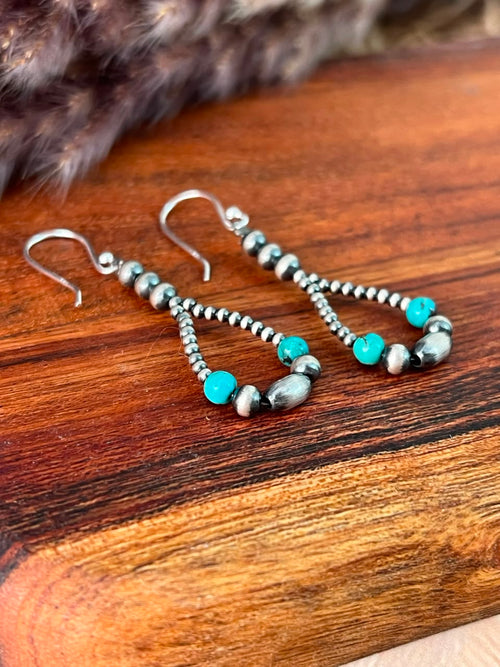 Handmade Sterling Silver Kingman Turquoise Beaded Hook Dangle Earrings