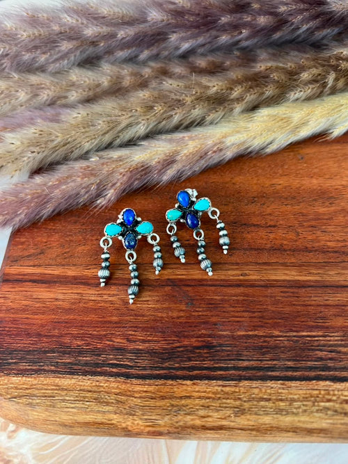 Handmade Sterling Silver Kingman Turquoise and Lapis Post Dangle Beaded Earrings Signed Nizhoni