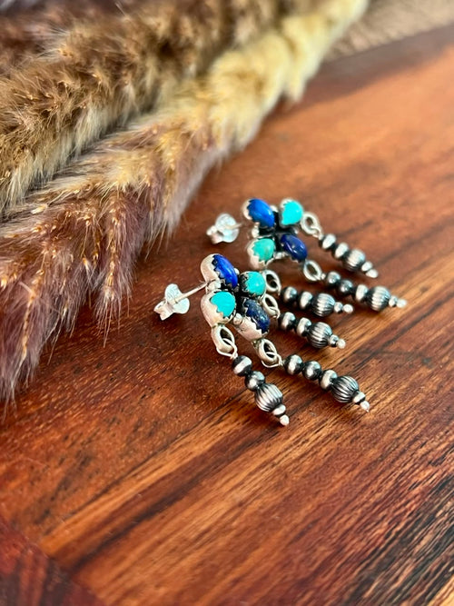 Handmade Sterling Silver Kingman Turquoise and Lapis Post Dangle Beaded Earrings Signed Nizhoni