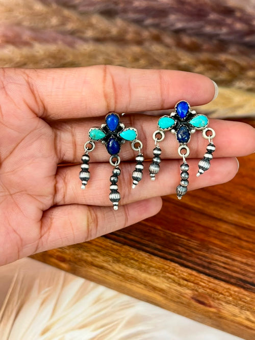 Handmade Sterling Silver Kingman Turquoise and Lapis Post Dangle Beaded Earrings Signed Nizhoni