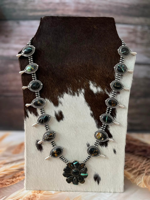 Handmade Sterling Silver Blackjack Turquoise Collection: Squash Blossom Beaded Necklace Signed Nizhoni