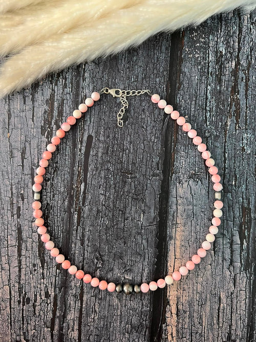 Handmade Sterling Silver Queen Pink Conch Collection: Beaded Necklace Signed Nizhoni