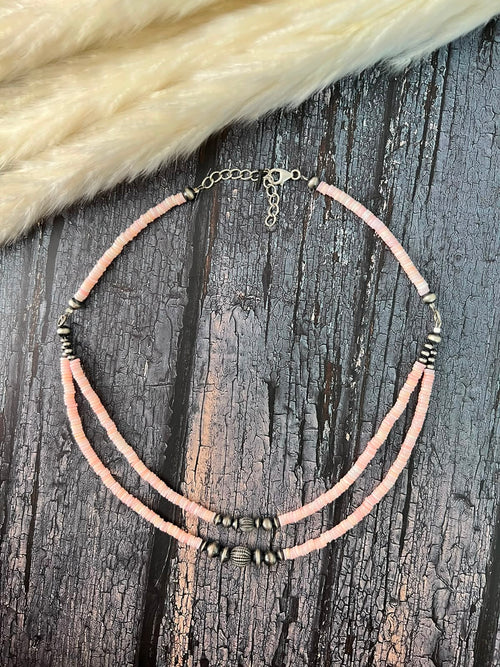 Handmade Sterling Silver Queen Pink Conch Collection: Beaded Layering Necklace Signed Nizhoni