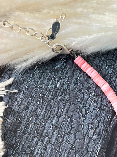 Handmade Sterling Silver Queen Pink Conch Collection: Beaded Anklet "Signed Nizhoni"