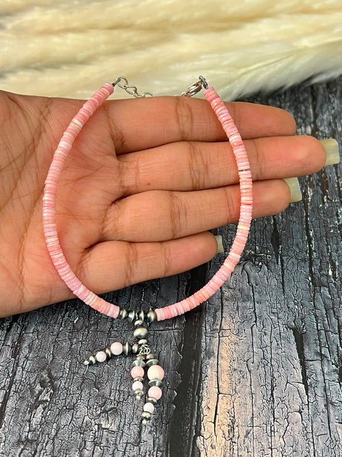 Handmade Sterling Silver Queen Pink Conch Collection: Beaded Anklet "Signed Nizhoni"