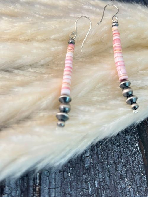 Handmade Sterling Silver Queen Pink Conch Collection: Beaded Hook Dangle Earrings (5)