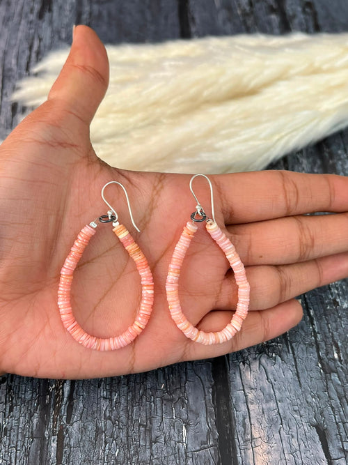 Handmade Sterling Silver Queen Pink Conch Collection: Beaded Hook Dangle Earrings (3)