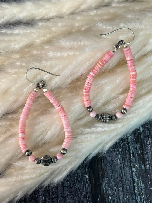 Handmade Sterling Silver Queen Pink Conch Collection: Beaded Hook Dangle Earrings