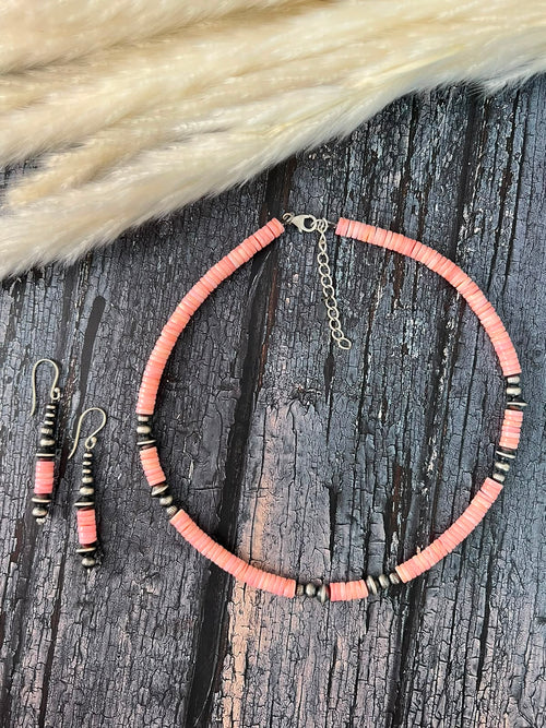 Handmade Sterling Silver Queen Pink Conch Collection: Beaded Necklace and Earrings Set Signed Nizhoni (1)
