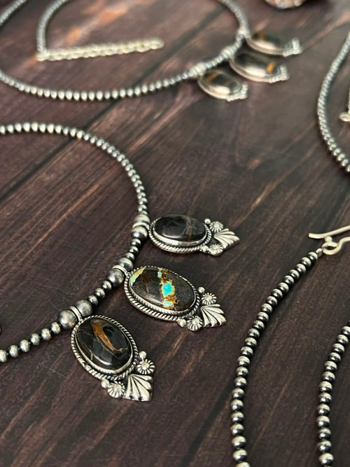 Handmade Sterling Silver Blackjack Turquoise Collection: Beaded Necklace Signed Nizhoni