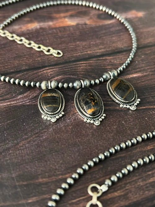 Handmade Sterling Silver Blackjack Turquoise Collection: Beaded Necklace Signed Nizhoni