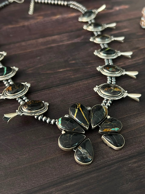 Handmade Sterling Silver Blackjack Turquoise Collection: Squash Blossom Naja Beaded Necklace Signed Nizhoni