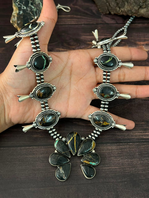 Handmade Sterling Silver Blackjack Turquoise Collection: Squash Blossom Naja Beaded Necklace Signed Nizhoni