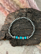 Handmade Sterling Silver Kingman Turquoise Stretchy Beaded Bracelet