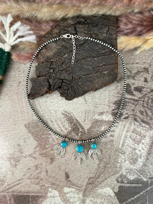 Handmade Sterling Silver Kingman Turquoise Beaded Necklace Signed Nizhoni